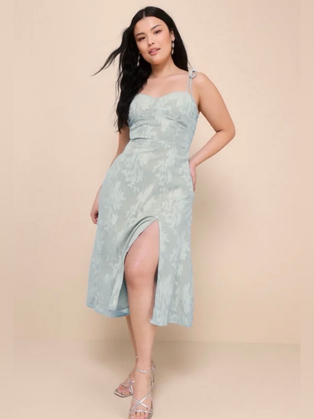 Lulu's Loveliest Looks Dusty Blue Floral Jacquard Tie-Strap Midi Dress Size XL